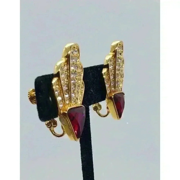 Vintage Gold Earrings Cherry Red & clear Rhinestone Clip & Screw Peacock Feather - Picture 3 of 9